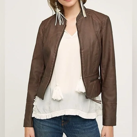 HEI HEI Anthropologie Dara Vegan Leather Moto Jacket Chocolate Brown - Picture 1 of 16